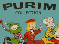 Illustration of children in festive costumes below the bold text ‘Purim Collection.