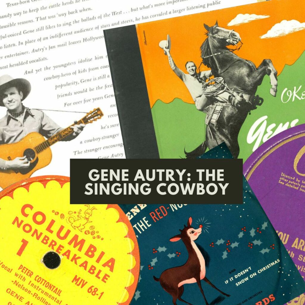 Gene Autry, the iconic singing cowboy, performs with a guitar, dressed in cowboy attire, evoking classic Western themes.  