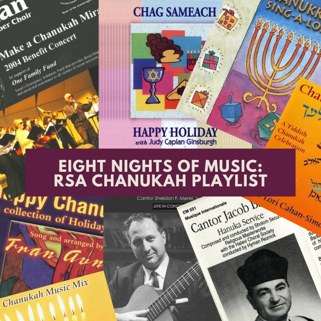 Collage of Chanukah music album covers featuring colorful designs, menorahs, and musicians. Text overlay: "Eight Nights of Music: RSA Chanukah Playlist."