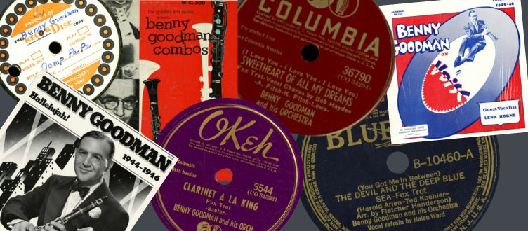 A collage featuring various records and discs arranged artistically of Benny Goodman
